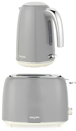 Salter Retro Kettle & 2-Slice Toaster Set – 1.7L 3kW Jug Kettle with 360° Base, Water Level Window, 815W Wide Slot Toaster, Plastic, 6 Browning Levels, Removable Crumb Tray, Grey