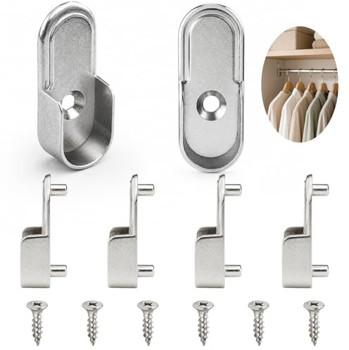 6 Stück Kleiderstangenhalter, Robuste Halterungen für Garderobenstangen, Metallhalter für Rundrohre im Schrank, stabile Wand- und Seitenmontage, für Garderobe, Nische, Abstellraum, silberfarben