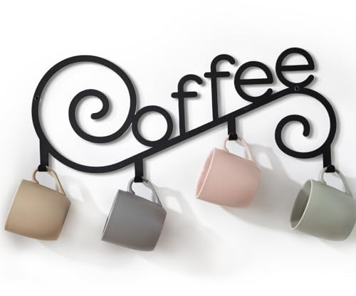 WVOPIAHY Metall-Wandhalterung für Kaffeetassen mit 4 Haken, Schwarz, 40 x 17 cm, Dekorativer Tassenhalter für Kaffeebar und Küche