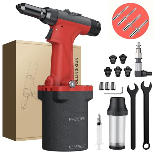 Proster Pistola Rivettatrice Pneumatica 6.4mm 2450KGF Heavy Duty | Pistola rivettatrice pneumatica 6.4mm con forza 2450KGF, leggera e potente per auto officina e fai da te