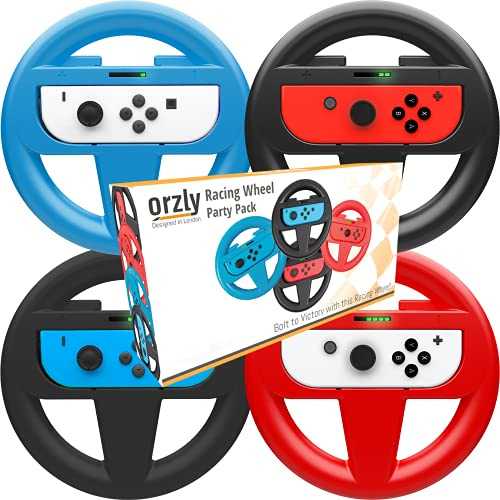 Orzly Multi Pack des 4 Volants pour Mariokart sur Nintendo Switch [Pack Comprenant: 1* Volant Rouge + 1* Volant Bleu + 2* Volants Noir] (la Console et Les manettes Joy-Con ne sont Pas incluses)