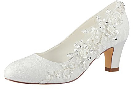 Emily Bridal Chaussures de mariée Femmes Soie comme du Satin Talon bottier Escarpins avec Couture Dentelle Une Fleur Cristal Pearl (EU38, Ivory)