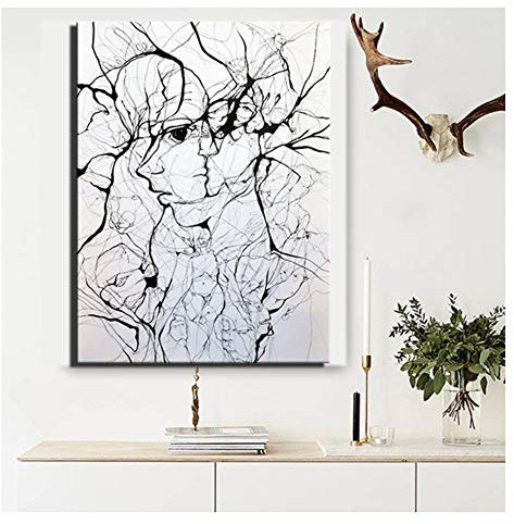 XIANGPEIFBH Leinwandbilder Schwarze Linie Kunst Abstrakte Mädchen Pop-Art Leinwanddrucke HD-Druck Moderne Wohnkultur Bilder Für Wohnzimmer Gerahmte Dekor 50x70 cm (19,7 x 27,6) Mit Rahmen
