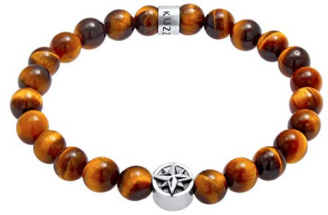 Kuzzoi Buddha Herren Armband 925 Silber Naturstein Armband Tigerauge | mit Beads Maritimes Windrose-Kompass Symbol elastisch Energiearmband Länge 19 23 cm