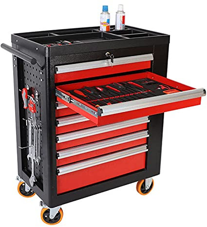 Bderkz Rolling Tool Chest Cabinet with Drawer Liner Roll & Socket Organizer, 5 Drawer Tool Cart Cabinet for Mechanics and Garage Storage, Red and Black