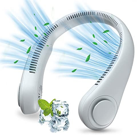 Wisada Ventilateur Nuque Portable,USB Ventilateur de Cou avec Batterie 2400mAh,Ventilateur Mains Libres Sans Pale,3 Vitesses, Ventilateur Silencieux Réglable à 360°pour Bureau, Domicile,Voyage (Blanc)