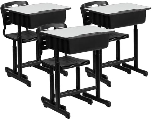 Flash Furniture Nila Set of 3 Adjustable Height Student Desks and Chairs with Black Pedestal Frames