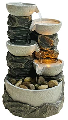 Nature's Mark 9 H 5-Tiered Cascading Rock Bowl Tabletop Water Fountain with Natural River Rocks and LED Lights (Power Cord Attached)