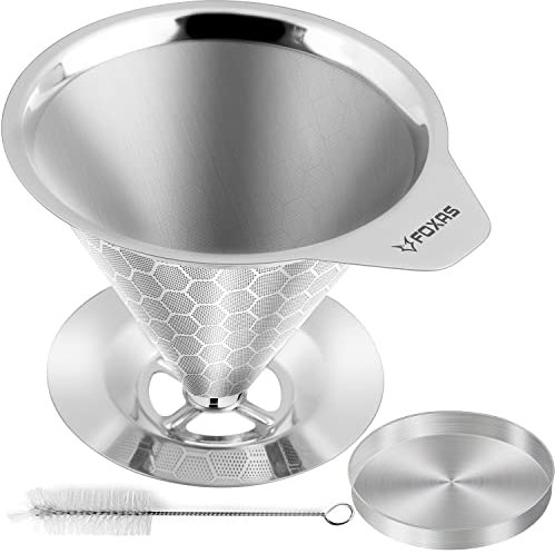 FOXAS Pour Over Kaffeefilter - Wiederverwendbarer Edelstahl Dauerfilter, Papierlose Permanente Kaffeesiebe, Metallkegel Mit Sockel und Reinigungsbürsten