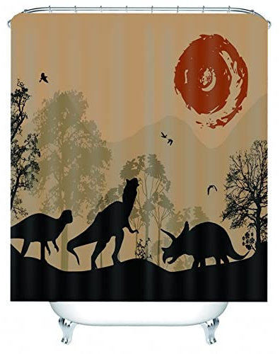 Whoiy Duschvorhang Schwarz Stoff, Duschrollo Um Die Ecke 165X200cm Polyester Duschvorhänge Dinosaurier In Der Nacht Rot Waschbar Wasserdicht