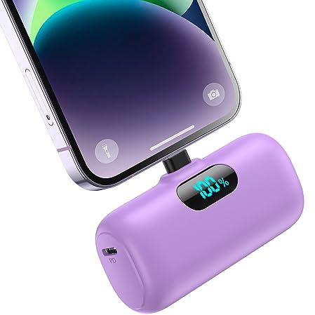 Mini Batterie Externe pour iPhone 5000mAh, Mise à niveau 15W PD 3.0A Charge rapide,Compact et Léger Power Bank Écran LCD Chargeur Portable Compatible avec iPhone 14/14 Pro Max/13/12/11/X/8/7/6-Pourpre