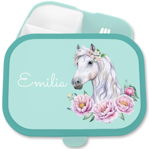 Brotdose Kinder Campus für Mepal - Pferd Pferde - Lunchbox Pferdekopf Brotbox Pferdemädchen Geschenk Mädchen I - 750 ml - Türkis - personalisierte brotdosen 1. klasse geschenke horse floral