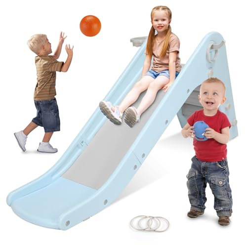 Kinderrutsche Rutsche Indoor ab 2 Jahr, 190CM Kinder Rutsche mit Basketballkorb und Zwinge, Treppenrutsche, Kunststoff Gartenrutsche, Outdoor Rutsche für Kinder Spielplatz, Blau-Grau