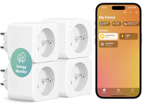 Meross Steckdose (Typ E), 16A WiFi-Steckdose Kompatibel mit HomeKit, Alexa und Google Home, 4er-Set Steckdose mit Stromverbrauchsmessung, Sprachsteuerung und Fernbedienung