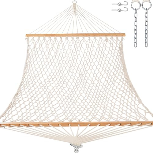 Gafete 4 m Doppel-Hängematten, handgewebte, traditionelle Baumwollseil-Hängematte mit Hartholz-Spreizstange, Ketten und Haken für drinnen und draußen, max. 204 kg Kapazität (beige, voll)
