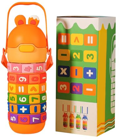Trinkflasche Kinder Edelstahl Thermosflasche Trinkflasche mit Strohhalm, Lustige Drehbare Zahlen Thermosflasche 430ml, BPA Frei, Auslaufsicher Thermo Wasserflasche Für Schule, Kindergarten (Orange)