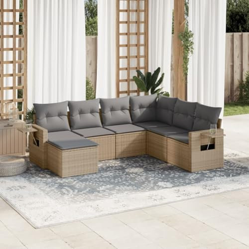 Rantry 7-TLG. Gartensofa Set mit Kissen Gartenlounge Gartenmöbel Loungesofa Balkonmöbel Ecksofa Ecklounge Sitzgruppe Loungemöbel für Garten Terrasse und Balkon Beige Poly Rattan