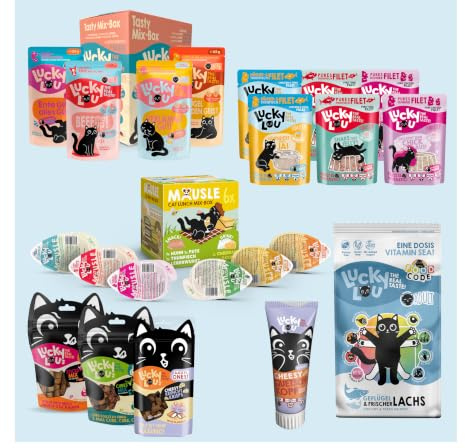 Lucky Lou Probier-Paket mit Katzenfutter nass und trocken & Katzen-Leckerlis in verschiedenen Sorten - Katzen-Leckerlie, Nassfutter & Trockenfutter ohne Getreide & Zucker im Mix