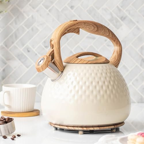 Bollitore a fischio, bollitore elettrico con fischietto, 3 metri in acciaio inox bianco, bollitore in stile vintage, con manico in legno e pipa alta, adatto per fornelli a gas, a induzione