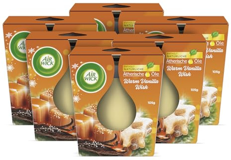 Air Wick Wohlfühl-Duftkerze im Glas – Duft: Warm Vanilla Wish – Je bis zu 20 Stunden Brenndauer – Enthält natürliche ätherische Öle – 6 x 105 g Duftkerzenset