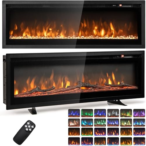COSTWAY 40/50 Electric Fireplace, Wall Mounted/Recessed/Freestanding Fire Heater with 12 Flame & 12 Ember Bed Colors, 5 Brightness, Remote Control, 8H Timer, Thermostat, 750W/1500W (102cm/40”)