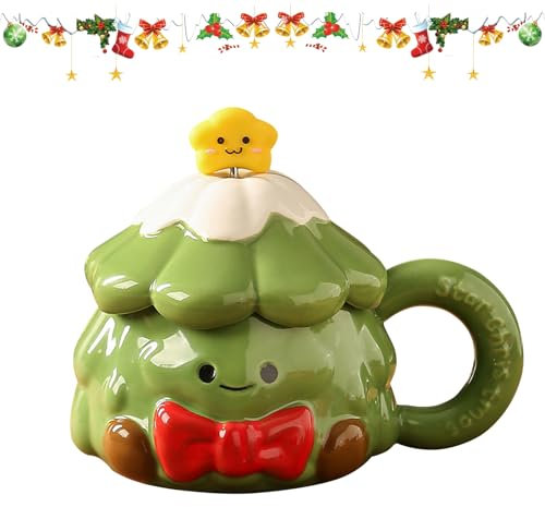420ml Weihnachtstasse Keramik Kaffeebecher Weihnachten Tasse mit Deckel und Löffel Weihnachtsbaum Weihnachtsbecher Keramik Christmas Mug Weihnachten Becher Porzellan Kaffeetasse Milchtasse (A)