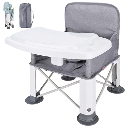 Bebamour Seggiolone portatile per esterni, pieghevole, per bambini, con vassoio rimovibile, con borsa portaoggetti, grigio