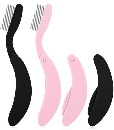 Mabor Faltende Wimpernkamm,2 Stück Wimpern Kamm Edelstahl Wimperntrenner Faltbarer Wimpern Separator Augenbraue Pinsel für Wimpern-Styling Reisen Familie,Rosa+Schwarz