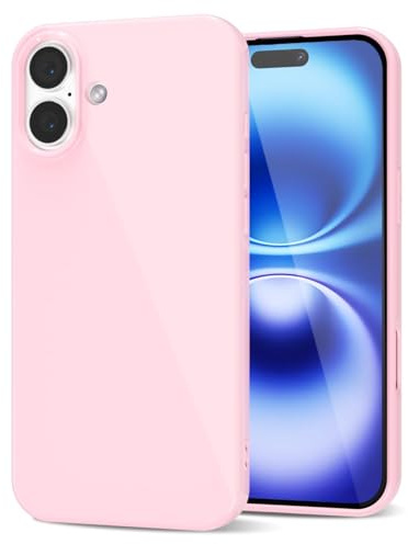 LoeoeL for iPhone 16 Phone Case Liquid Silicone, Cute Girly Thin Ultra Slim Jelly Soft Rubber Gel Protective Glossy Hard Plastic Case, Plain Solid Color Cover for Women Girl, Light Pink