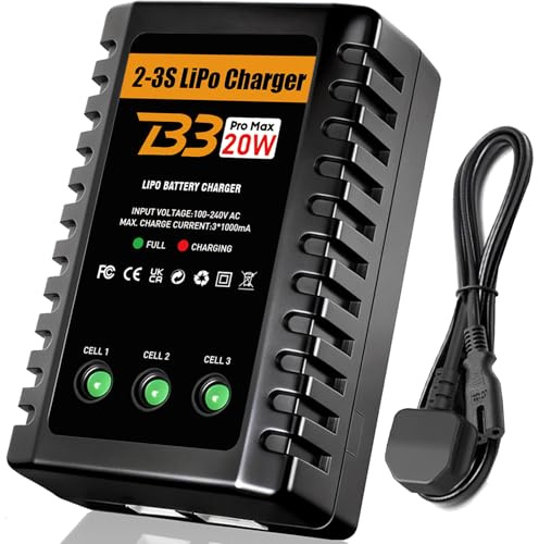 HTRC LiPo RC Ladegerät 20W für 2S/3S LiPo-Akkus (7,4–11,1 V) | Balance-Ladegerät mit LED für 2S/3S LiPo-Akkus mit Balance-Anschluss in RC-Modellen sowie Airsoft- und Softair-Geräten