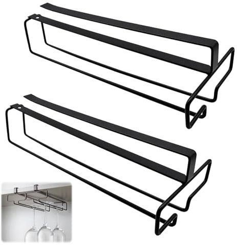 Lot de 2 porte-verres à vin suspendus en métal sous l'armoire - Pour cuisine, bar, restaurant (noir)