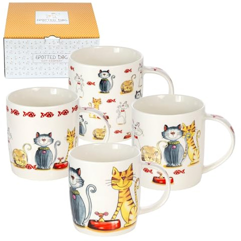 SPOTTED DOG GIFT COMPANY Katzentasse 4er Tassenset 350ml Porzellan – Süße Kaffeetassen & Kaffeebecher mit Katzen-Motiven | Geschenk für Katzenliebhaber, Frauen & Männer