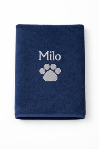 Lobeko Personalised Dog Towel Quick Drying Microfibre Towel with Pet’s Name & Paw Print Small & Large Ultra Soft & Ultra Absorbent Grey or Blue (Blue, Small 50cm x 100cm)