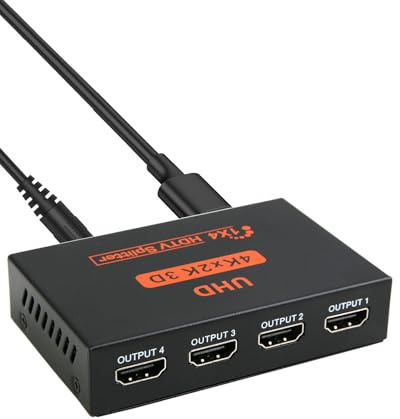 HDM Splitter 1 in 4 out 4K Multi HDM Adapter for 4 Monitors 4-Way Distribution for PC Laptop HDTV Blu-ray DVD Player Projector Xbox PS3/PS4/PS5, 4K 30HZ Full HD with Power Cable (Not Extend)
