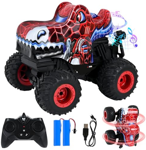 HERMORRYSS Voiture Télécommandée, Monster Truck Télécommandé avec Lumière et Musique, Jouet RC Monstertruck pour Enfants, 2.4 GHz, Rotation à 360°et Cascade, 2 Batteries Rechargeables (Rouge)