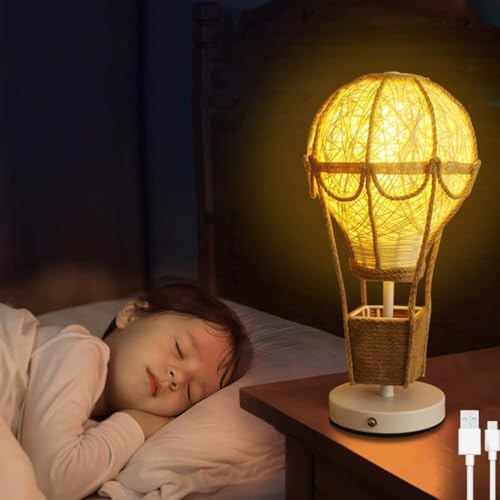 LOGT LED Boho Tischlampe Rattan Akku Schreibtischlampe Kabellose Heißluftballon Deko Kinderzimmerlampe Tischleuchte Touch Dimmbare Innen Batterie Nachttischlampe Natürlich Rustikal Bambuslampe