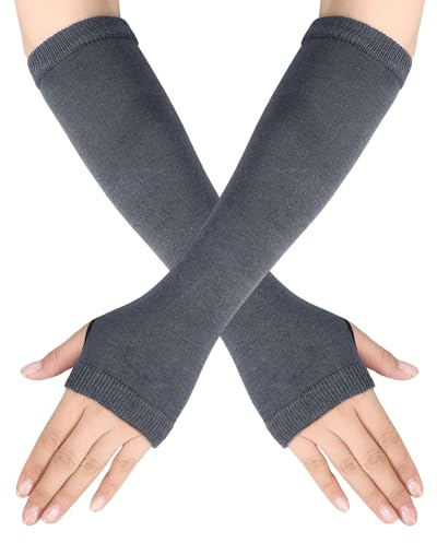 Syhood 1 Pair Fingerless Arm Sleeves for Women Classic Dark Grey | Polyester Spandex Striped Arm Warmers, Thumb Hole, Stretchy Knit Sleeves for Driving, Cycling, Costumes and Summer Outfits