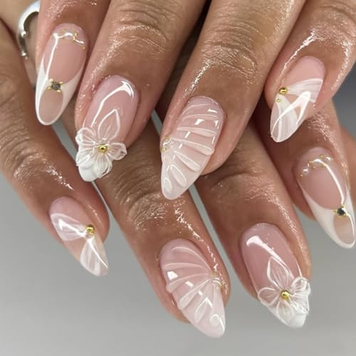 DMQ Almond French False Nails Medium, 24Pcs White Flower 3D Press On Nails, Oval Fake Nails with 3D Beads Crystal Design, Glossy Stick on Nails for Women Girls Days Nails Art