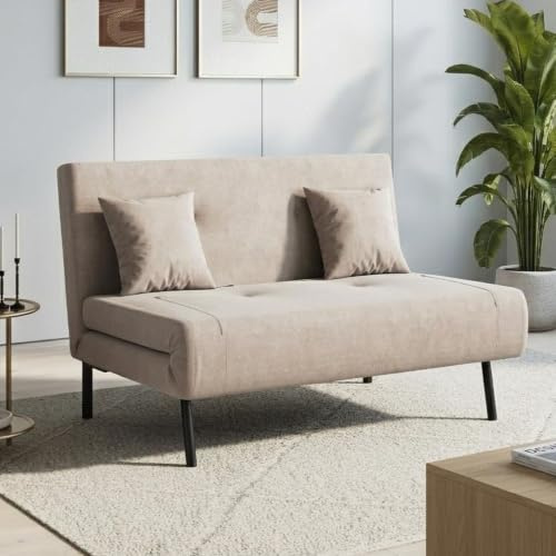 120cm Klappbettcouch Babyvelvet, verstellbare Rückenlehne, 2 Lendenkissen | 2 sitzer Bettcouch aus Stoff Schlaffunktion 6-stufig verstellbare Rückenlehne khaki Samtoptik