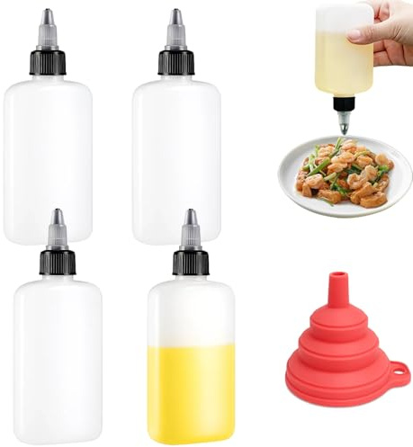 PDirat 4 kleine Extrusionsflaschen mit rotem Trichter Ölbehälter mit Deckel 100 ml Mini-Extrusionsflaschen,Essig Öl Camping, Gewürz-Quetschflaschen, Quetschflasche für die Küche, kleine Ölflaschen