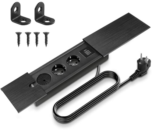 Einbau Steckdosenleiste Versenkbare Einbausteckdose 2 Fach mit USB C & Schiebedeckel, Tischsteckdose Tischplatte Versenkte Steckdose, für Schreibtisch Küche Büro Sofatisch Konferenztisch, Schwarz