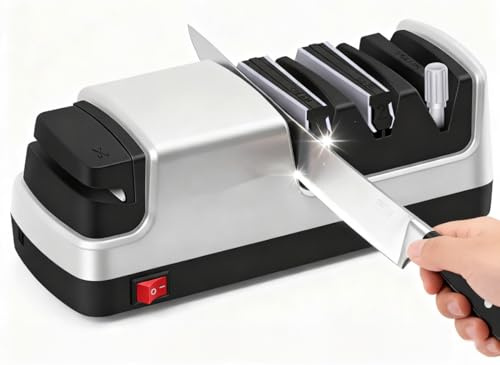4-in-1 Electric Knife Sharpener, Professional 2-Stage Diamond Sharpening System for Straight/Serrated Knives, Scissors & Polishing Rod, Kitchen Blade Sharpener