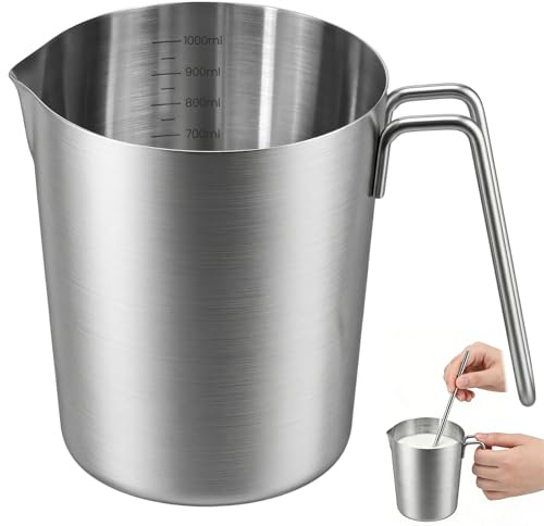 KAGEYMB Vaso Medidor de Acero Inoxidable de 1L Para Batidora de Mano, con Escala de Medición Interior, Pico Antigoteo, Apto para Lavavajillas, Jarra Medidora para Cocina, Restaurantes, Bares