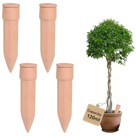 EXLECO 4 × 120ml Terracota Cono Riego Automati con Corcho, Maceta Autorriego, Regadera Plantas para Tiestos Interior, Self Watering por Goteo, Globos de Regar Plantas Vacaciones
