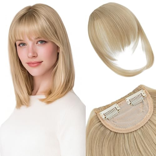 Silk-co Frangia Frontale Capelli Finti Frangetta Clip in Extension Posticci Donna Lisci Fascia Unica con Tempie 21.5g 2Clips Biondo Scuro & Sbiancante