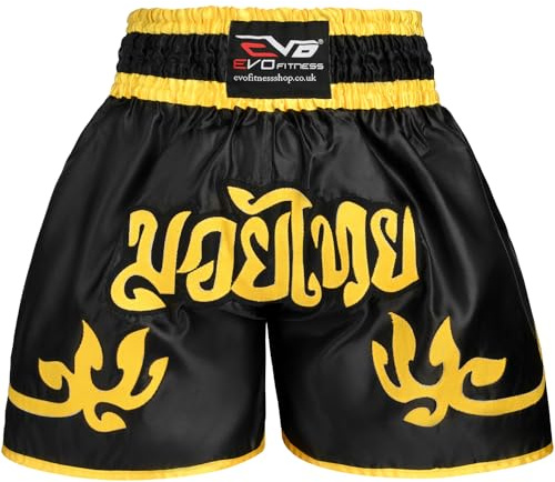 EVO Fitness Muay Thai Shorts MMA Kick Boxing Martial Arts Fight Gear (Black and Gold, L)