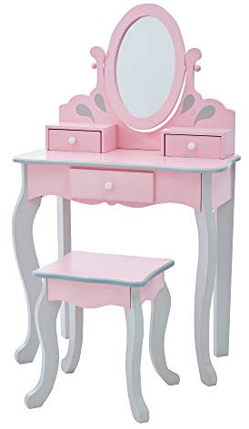 Teamson Kids Princess Rapunzel Wooden 2-pc. Play Vanity Set With Three Storage Drawers, Rotating Oval Mirror and Matching Stool to Play Dress-Up, Princess or Beauty Salon, Pink and Gray