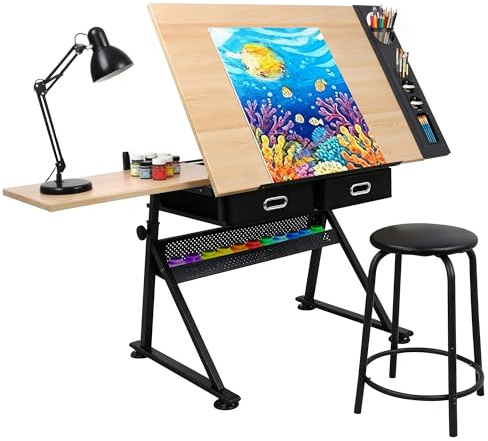 JupiterForce Drafting Table Art Desk with 2 Storage Drawers, Height Adjustable Drawing Table for Painters, Working, Writing, Home Office, Natural