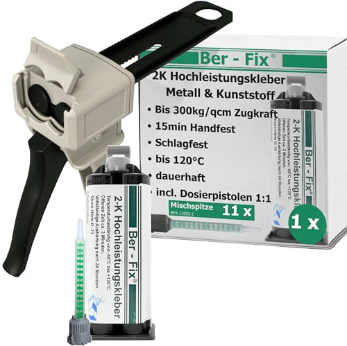 Ber-Fix Hochleistungskleber 2K MMA 3 Min 50g + 11 Düsen + Pistole | Hochleistungskleber 3 Min mit Dosierpistole und Mischdüsen für strukturstarke Reparaturen an Kunststoff