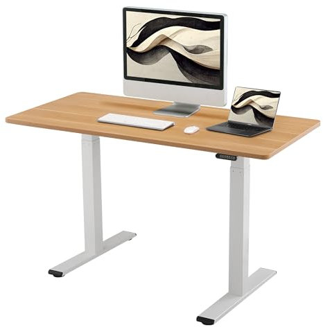 E.For.U® höhenverstellbarer Schreibtisch 140x80 cm, 2 Motoren, elektrisch höhenverstellbares Tischgestell mit 2-Fach-Teleskop, Memory-Steuerung (Weiß), DT20L mit Tischplatte (Buche)